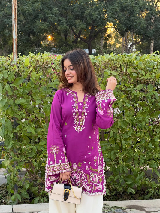 Anvika Fuchsia Bloom Embroidered Kurta Palazzo Set