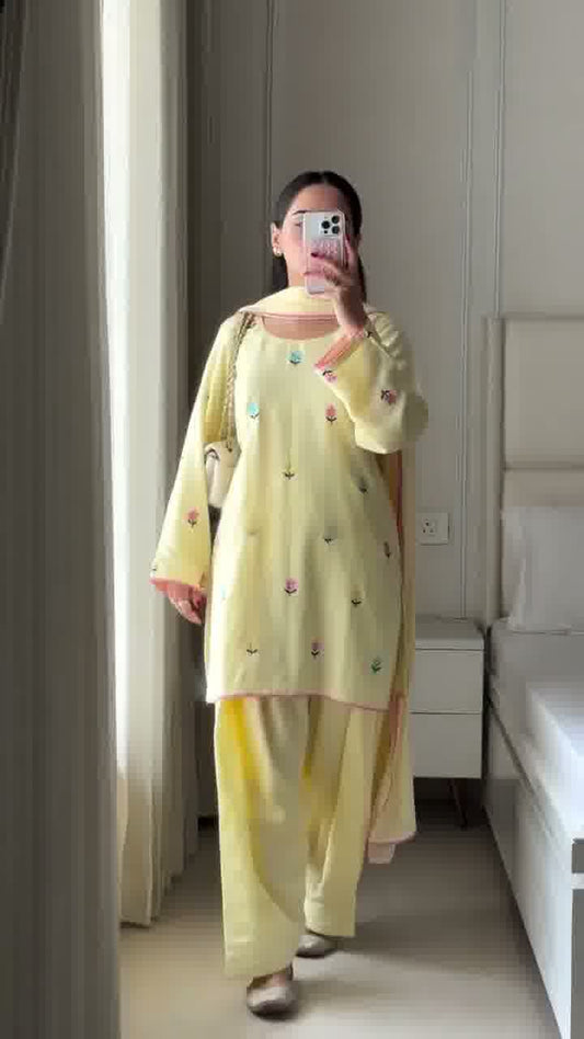 Pastel Yellow Floral Embroidered Suit Set