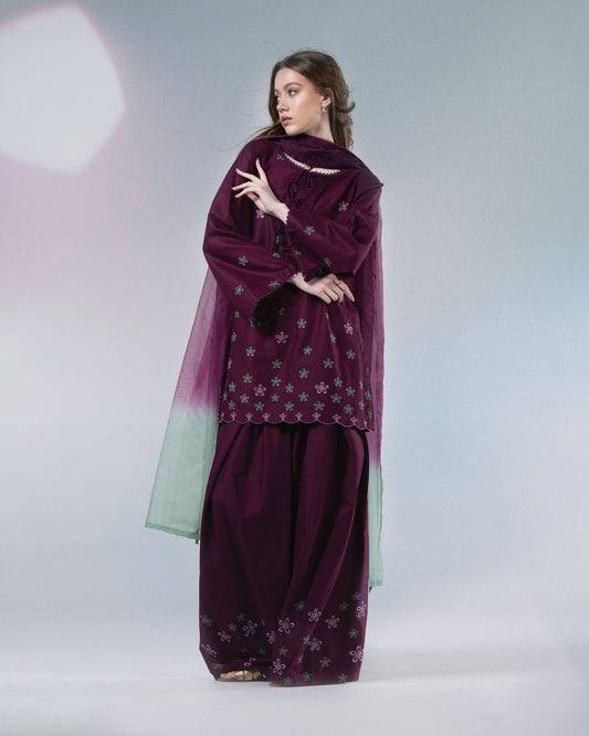 Aadhya Plum Blossom Embroidered Kurta Palazzo Set with Ombre Dupatta