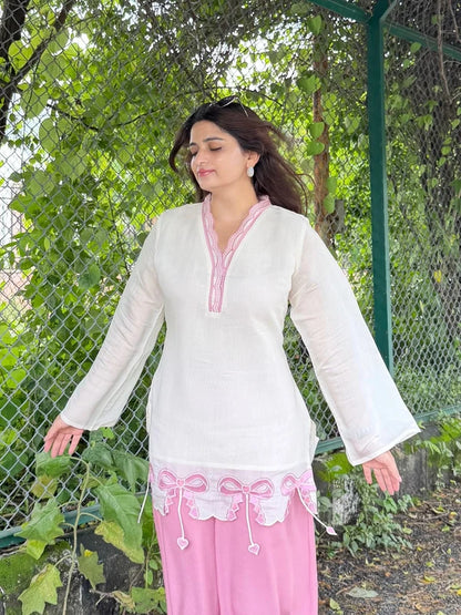 Alina Pink Bow Embroidered Kurta Set