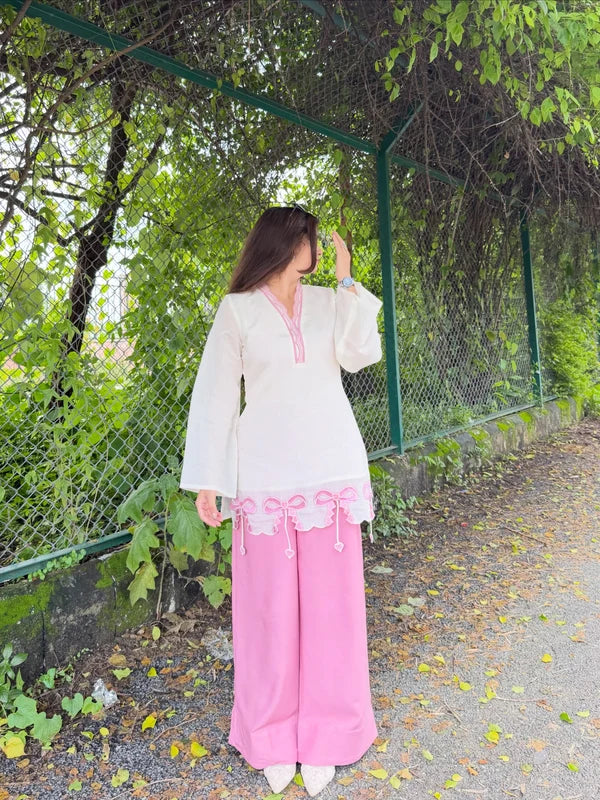 Alina Pink Bow Embroidered Kurta Set