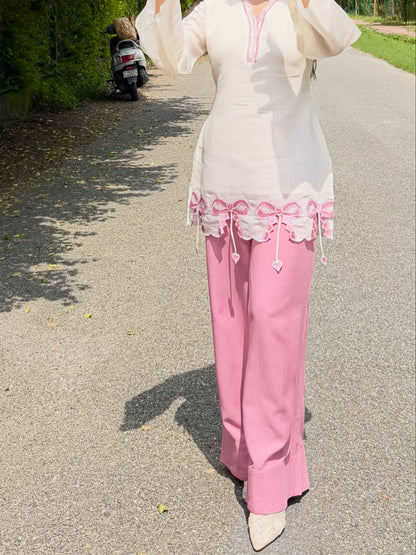 Alina Pink Bow Embroidered Kurta Set
