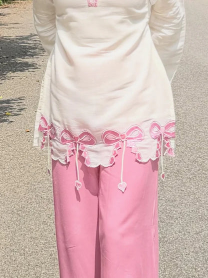 Alina Pink Bow Embroidered Kurta Set