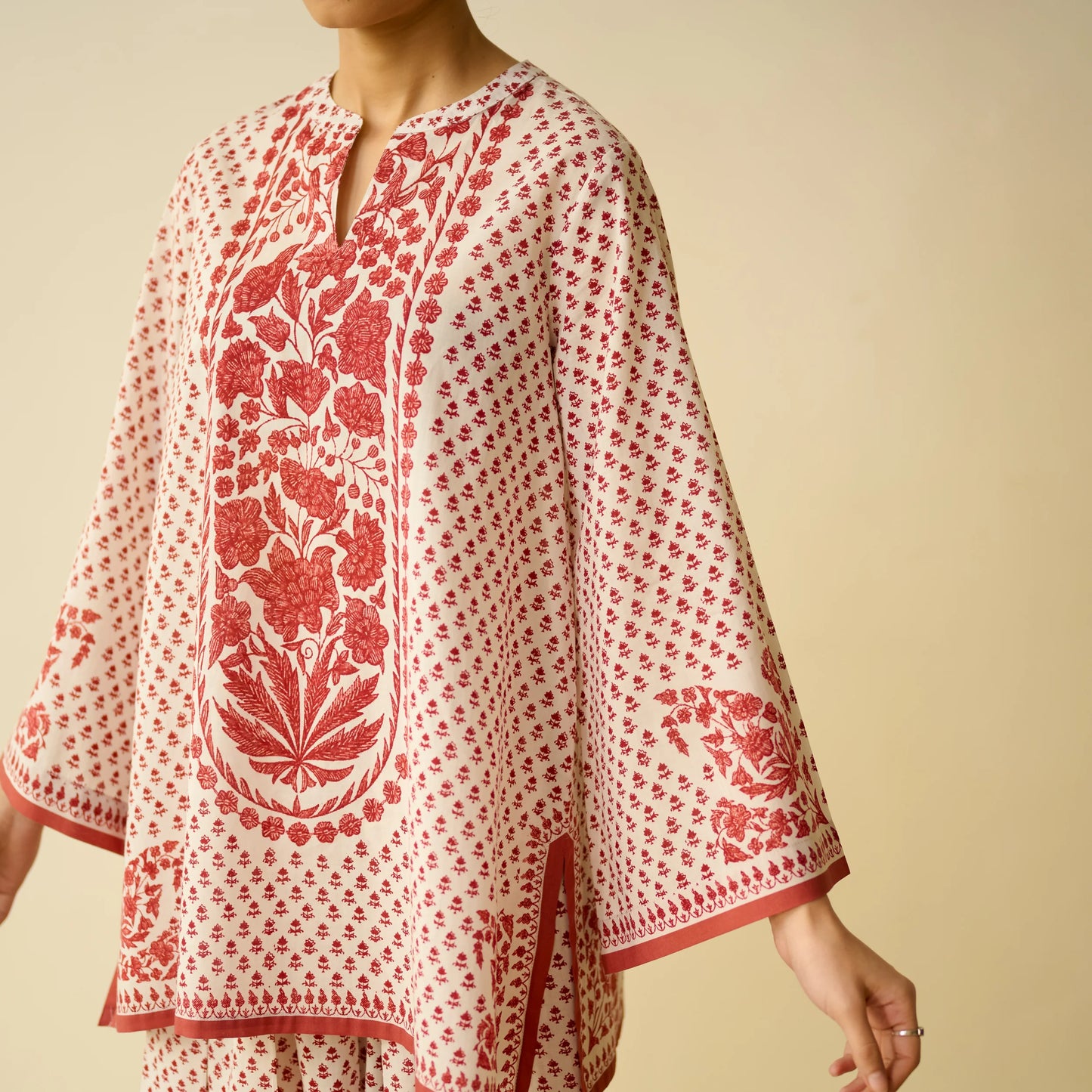 Smriti Bagh Mulmul Cotton Farsi Set - Brick Red
