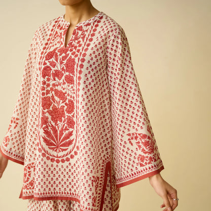 Smriti Bagh Mulmul Cotton Farsi Set - Brick Red