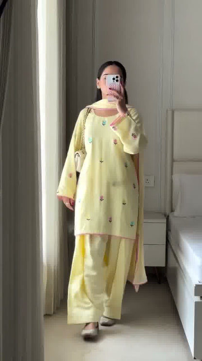 Pastel Yellow Floral Embroidered Suit Set
