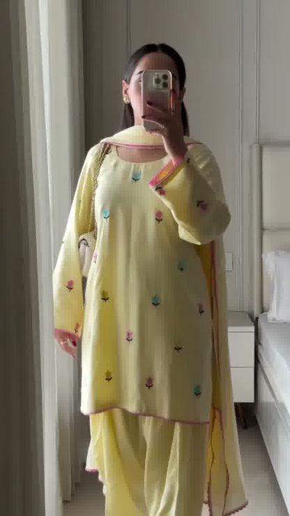Pastel Yellow Floral Embroidered Suit Set