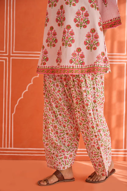 Jasmin White-Pink Floral Hand bock Printed Kurta & Farsi Salwar Co-ord Set